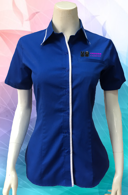 เสื้อเสิร์ฟ  คอฮาวาย สีน้ำเงิน กุ๊นขาว