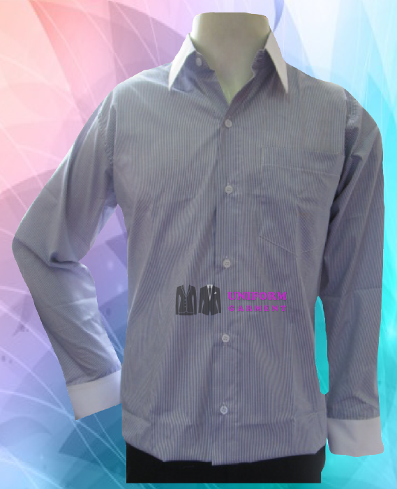 เสื้อเชิ้ตผู้ชาย แขนยาว ปกขาว ปลายแขนขาว ลายลงสีน้ำเงิน