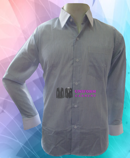 เสื้อเชิ้ตผู้ชาย แขนยาว ปกขาว ปลายแขนขาว สีฟ้าลายลงสีกรม