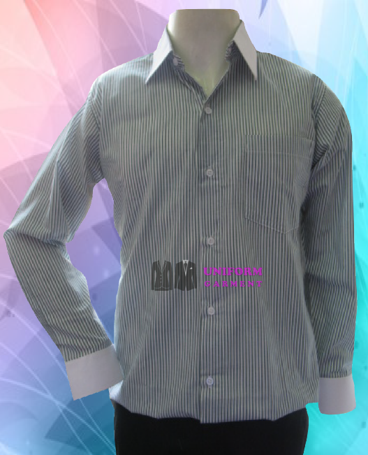 เสื้อเชิ้ตผู้ชาบแขนยาว ปกขาว ปลายแขนขาว ลายลงสีเขียว