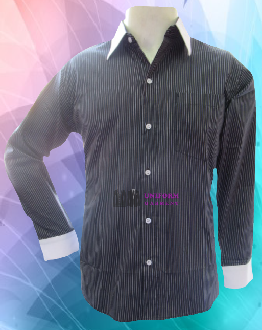 เสื้อเชิ้ตแขนยาว ปกขาว ปลายแขนขาว สีดำลายลงสีขาว
