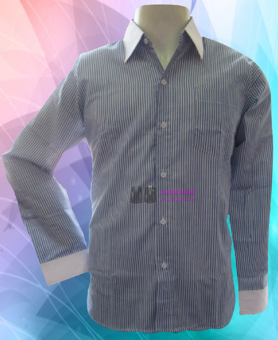 เสื้อเชิ้ตแขนยาว ปกขาว ปลายแขนขาว สีขาวลายลงสีน้ำเงินใหญ่