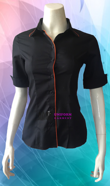 เสื้อเชิ้ต ผู้หญิง แขนสั้น สีดำ กุ๊นขอบสีส้ม