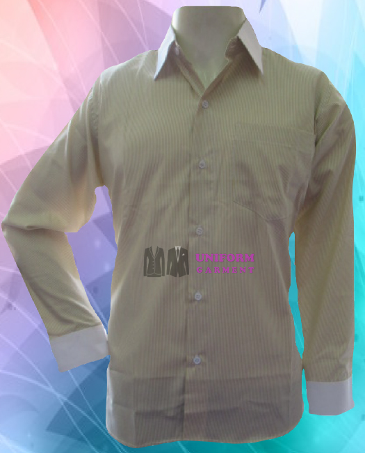 เสื้อเชิ้ต แขนยาว ปกขาว ปลายแขนขาว สีขาวลายลงสีน้ำตาลอ่อน