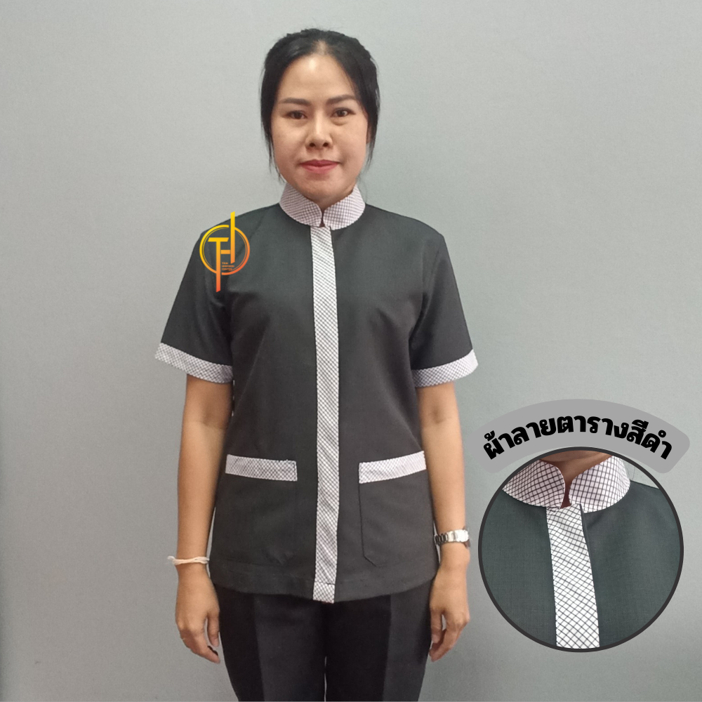เสื้อแม่บ้านคอจีน สีเทา เเต่งลายตาราง