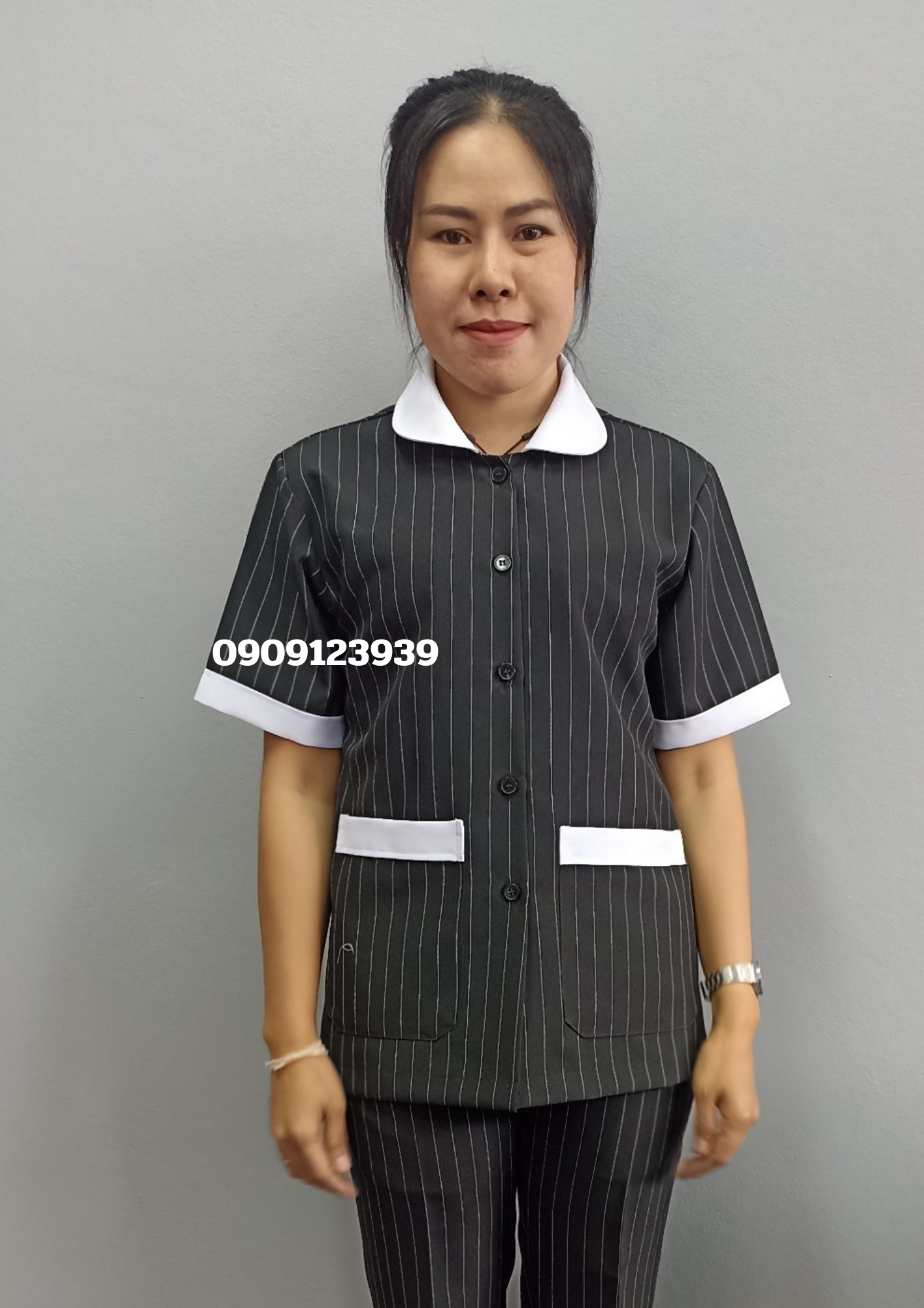 ชุดแม่บ้านสีดำ คอบัวสีขาว+กางเกงเอวยางข้าง